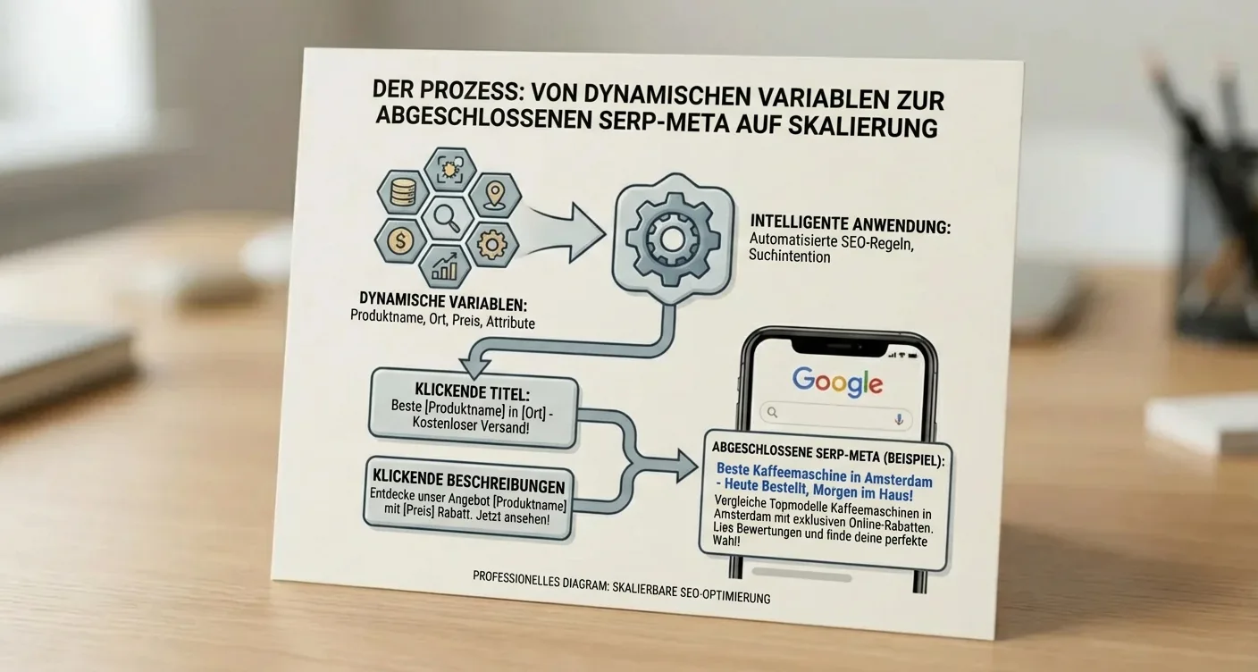SEO Infografik: Prozess von dynamischen Variablen zu optimierten SERP-Metadaten, klickstarken Titeln und Beschreibungen.