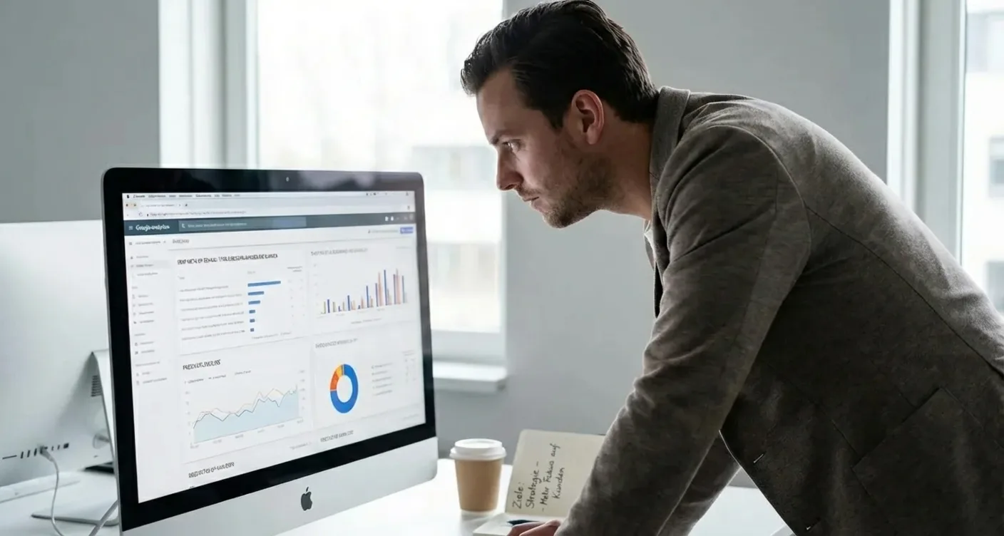 Digital Marketer optimiert SEO-Performance: Analysiert Dashboard mit SERP-Metadaten und Klickraten.