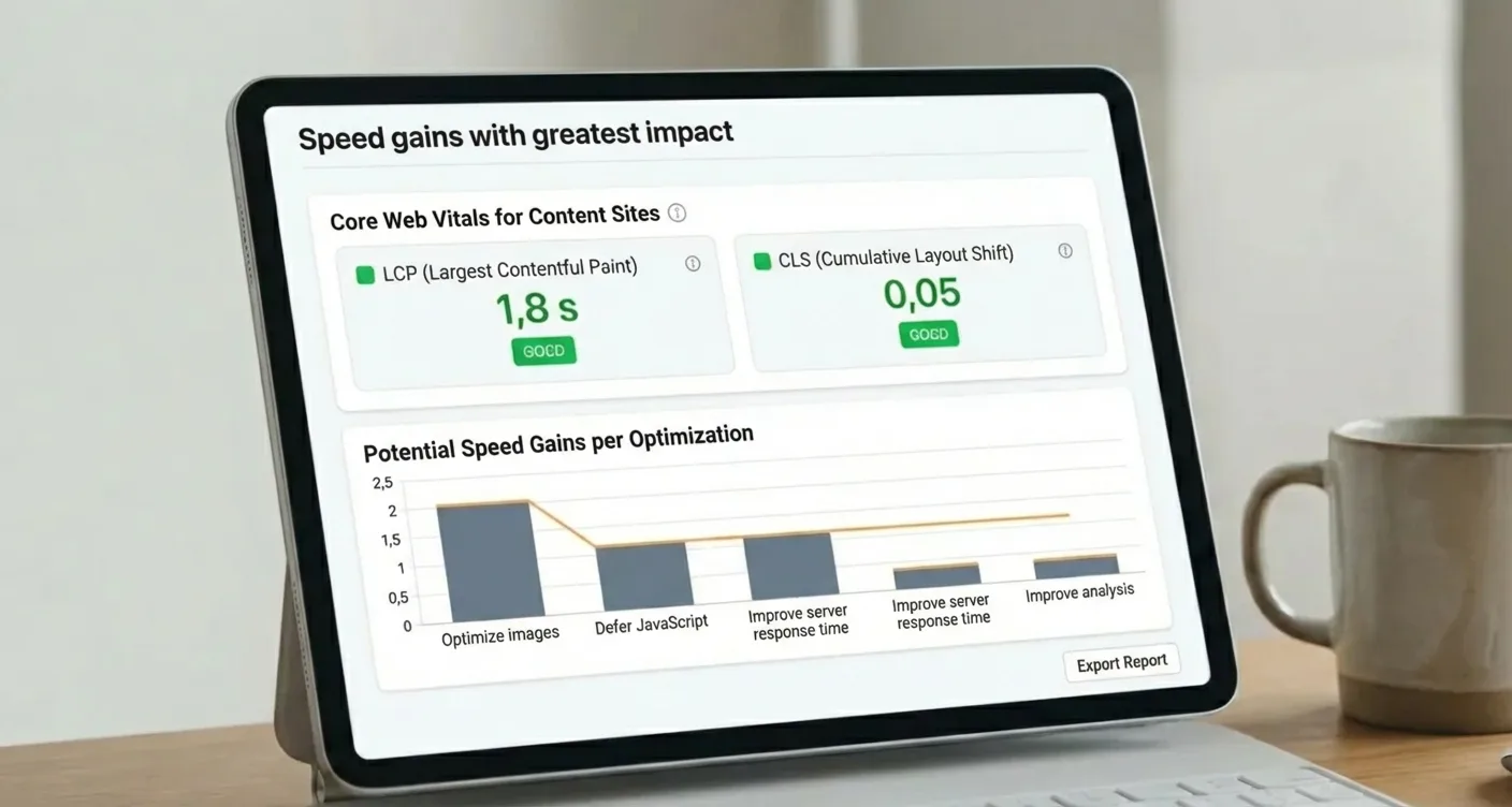 Professional SEO dashboard with green Core Web Vitals scores for LCP and CLS, showing excellent website performance.
