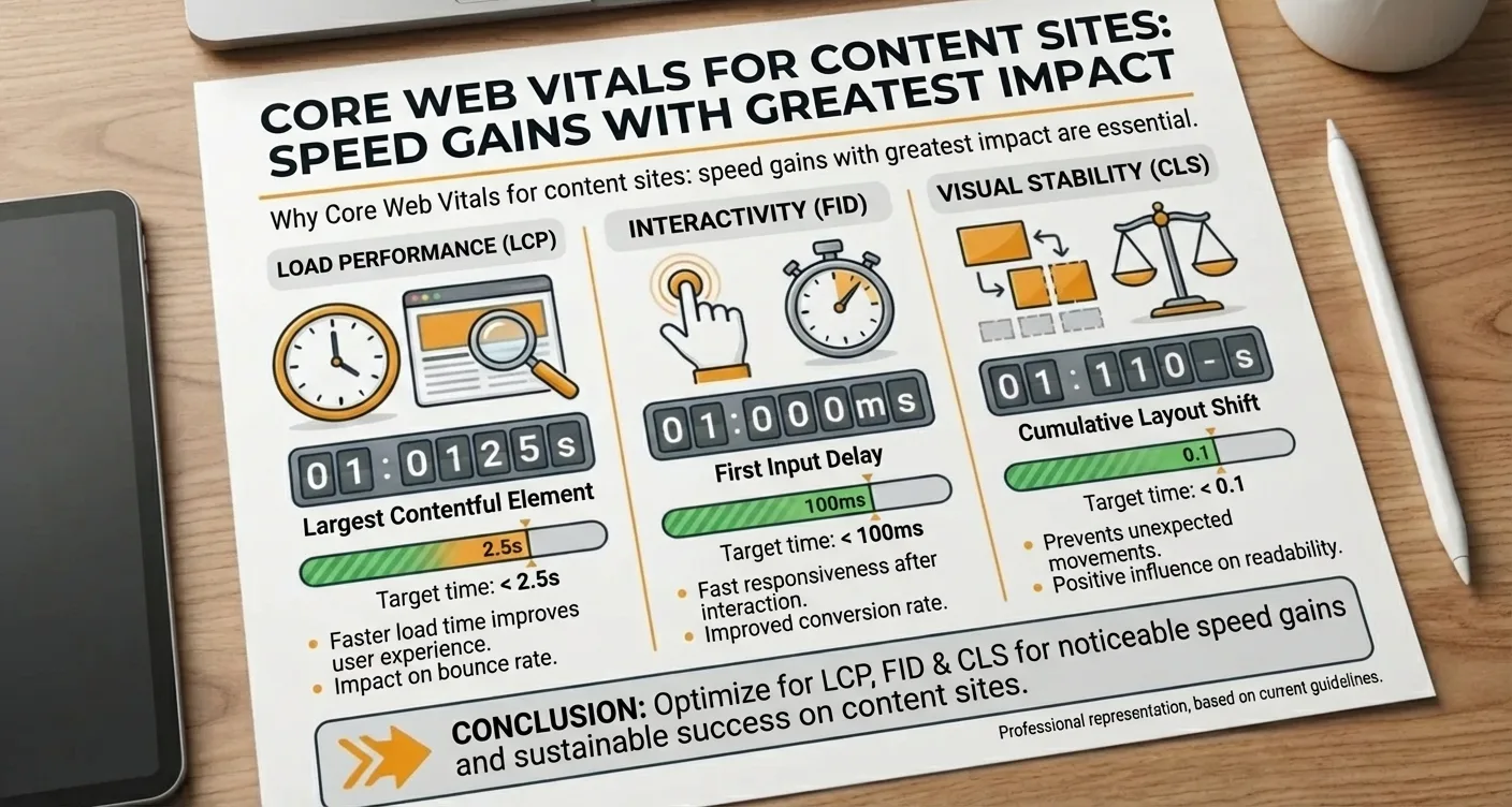 Infographic: Core Web Vitals essential for content sites, improving website speed, SEO, and user experience.