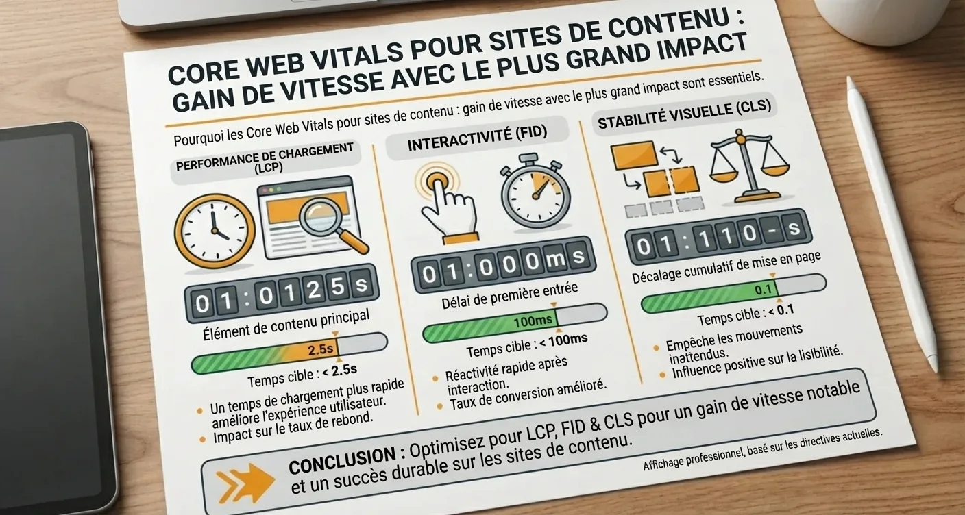 Infographie Core Web Vitals pour sites de contenu : l'essentiel pour maximiser vitesse et UX SEO.
