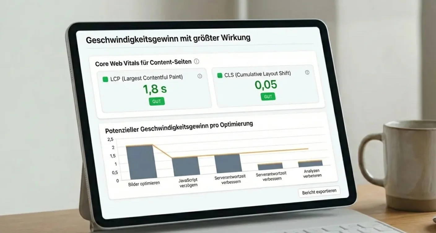 SEO Dashboard: Core Web Vitals (LCP, CLS) für Inhaltsseiten mit grünen Scores. Optimale Webseiten-Performance & Nutzererfahrung.
