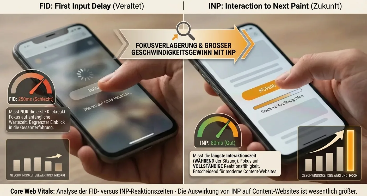 Side-by-Side Vergleich von Core Web Vitals (FID vs. INP) für Inhaltsseiten, zeigt Ladezeiten-Analyse zur Performance-Optimierung.