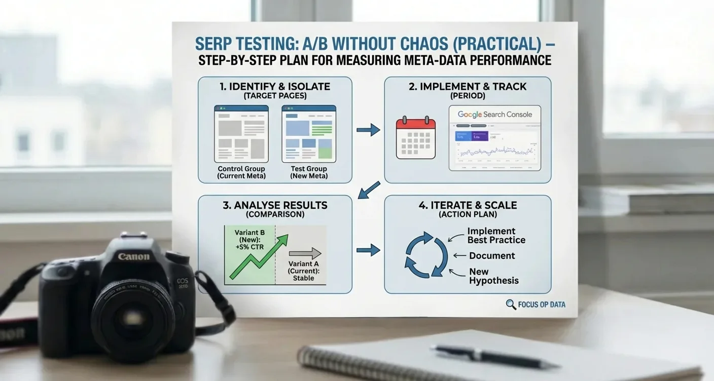 Infographic: Step-by-step SERP A/B testing process for measuring metadata SEO performance.
