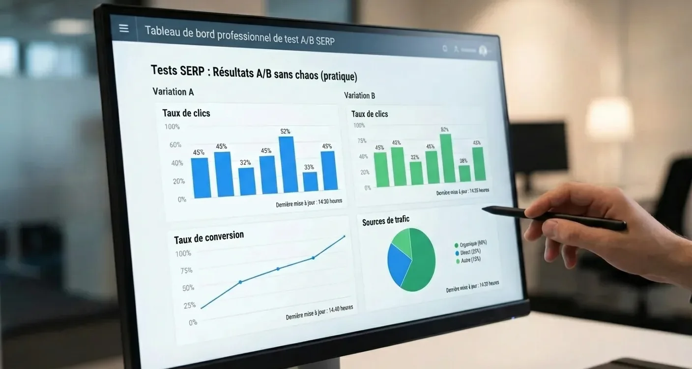 Tableau de bord professionnel pour tests A/B SERP, affichant des graphiques clairs d'optimisation SEO.