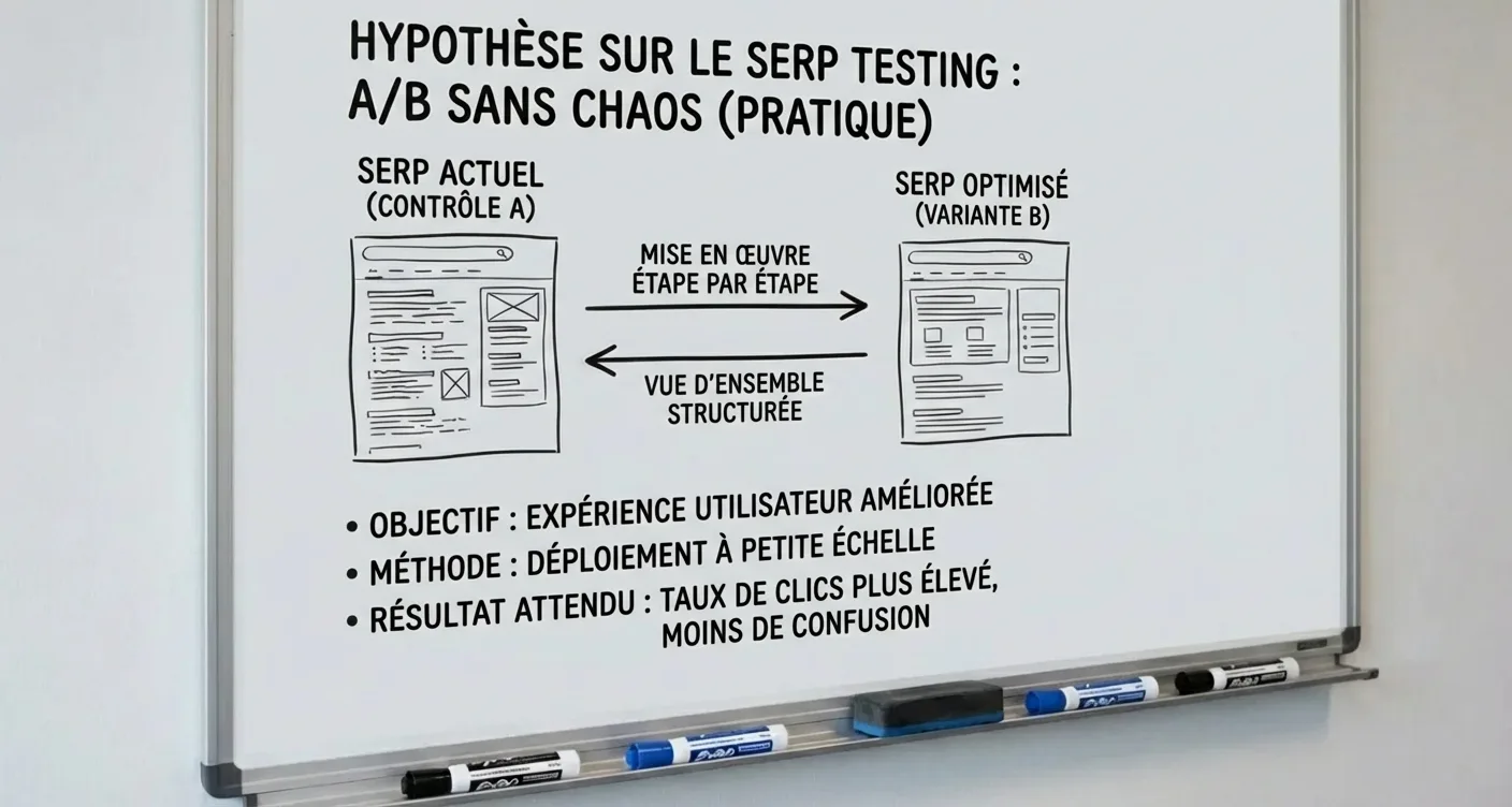Hypothèse de test A/B SERP manuscrite sur tableau blanc, essentielle pour l'optimisation SEO.