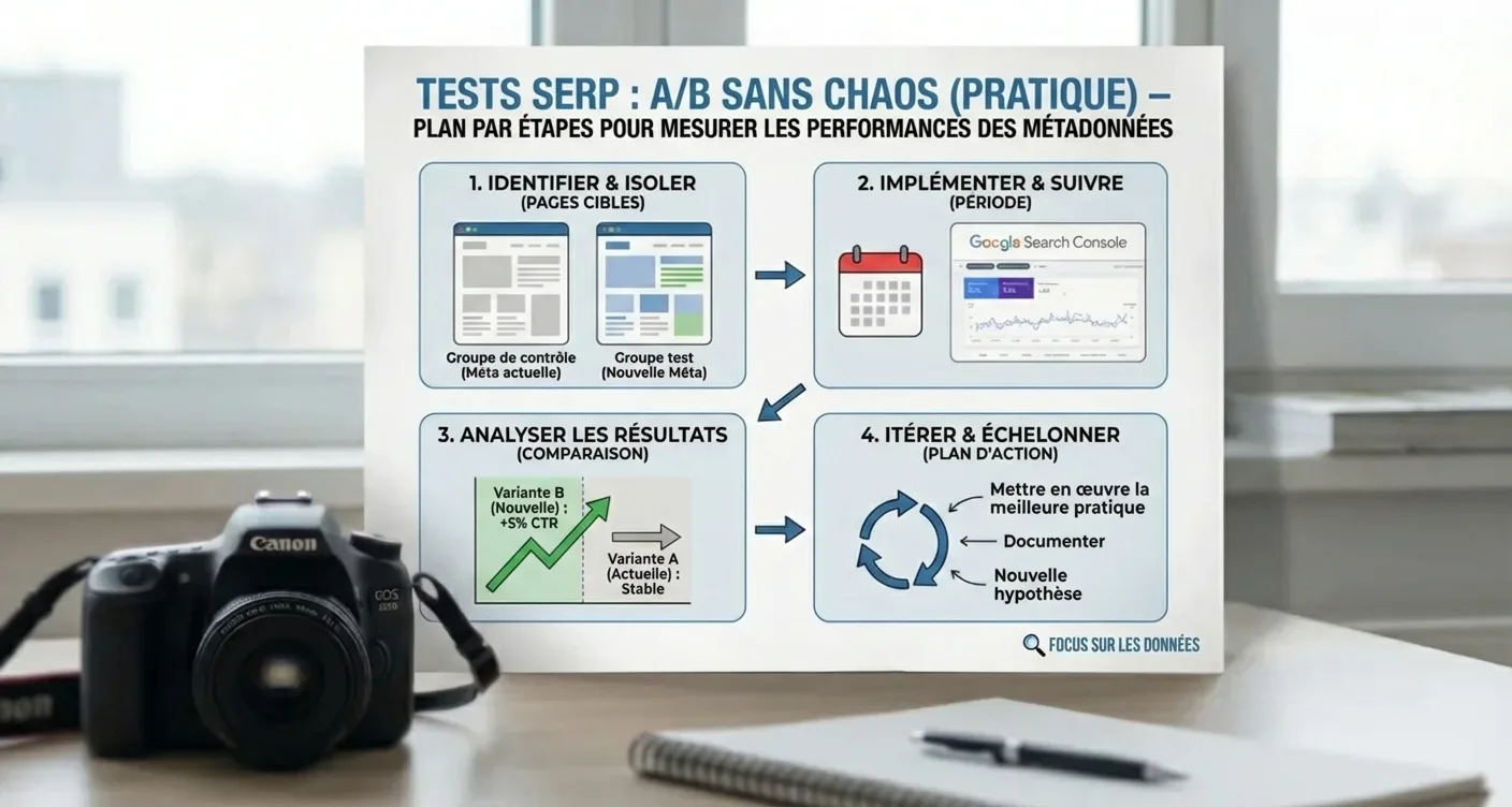 Infographie des tests A/B SERP: plan d'action et étapes clés pour booster votre visibilité SEO.