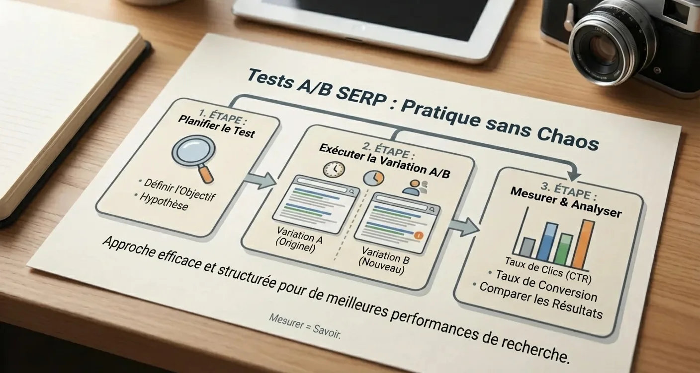 Infographie tests A/B SERP: processus clair et étape par étape pour l'optimisation et la mesure SEO.