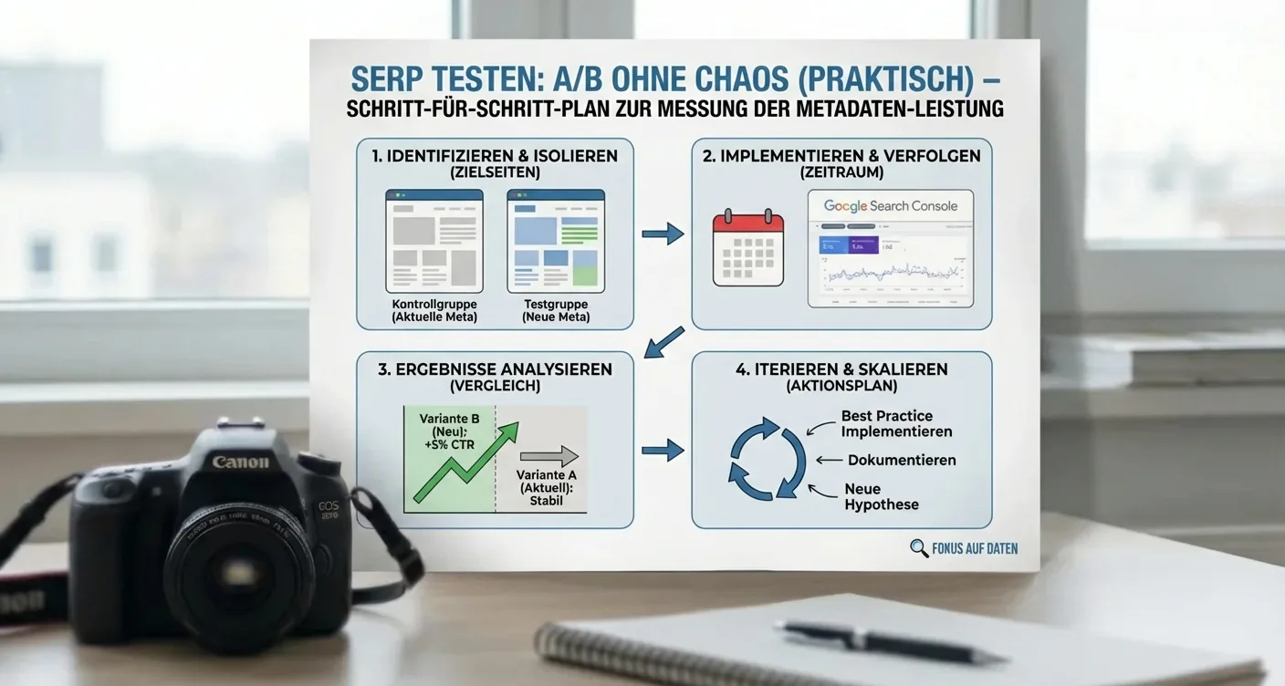 Praktische Infografik: Schritt-für-Schritt-Anleitung für SERP A/B-Tests und Metadaten-Leistungsmessung ohne Chaos.