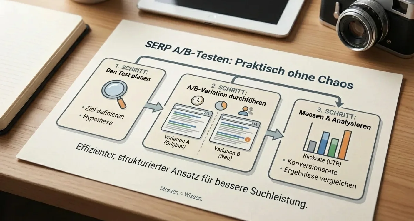 Infografik für SERP A/B-Tests: Schritt-für-Schritt-Anleitung zur Messung und Optimierung von SEO-Ergebnissen, einfach erklärt.