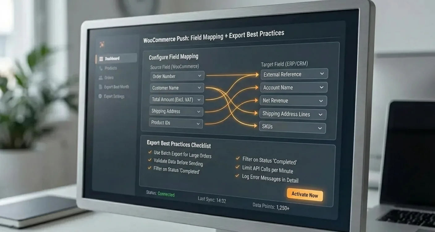 WooCommerce data export dashboard showing field mapping & push best practices for seamless integration.