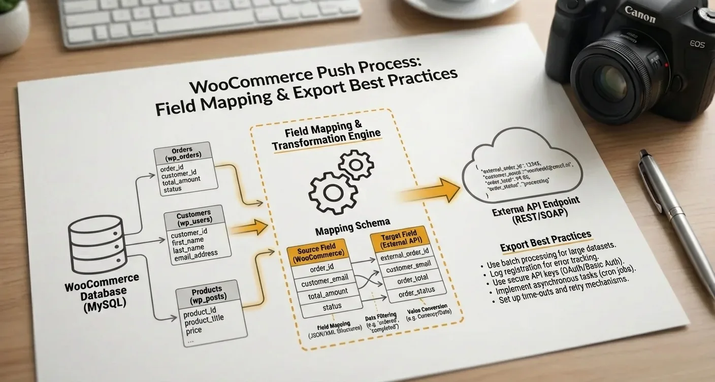 WooCommerce field mapping infographic showing data export best practices, connecting database fields with external API endpoints.