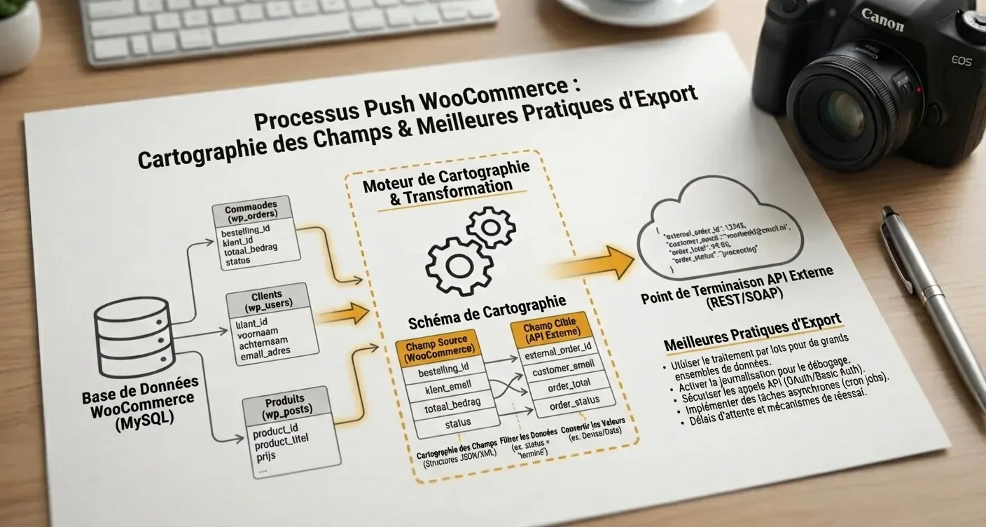 Infographie: processus de push WooCommerce, mappage des champs et optimisation de l'intégration.