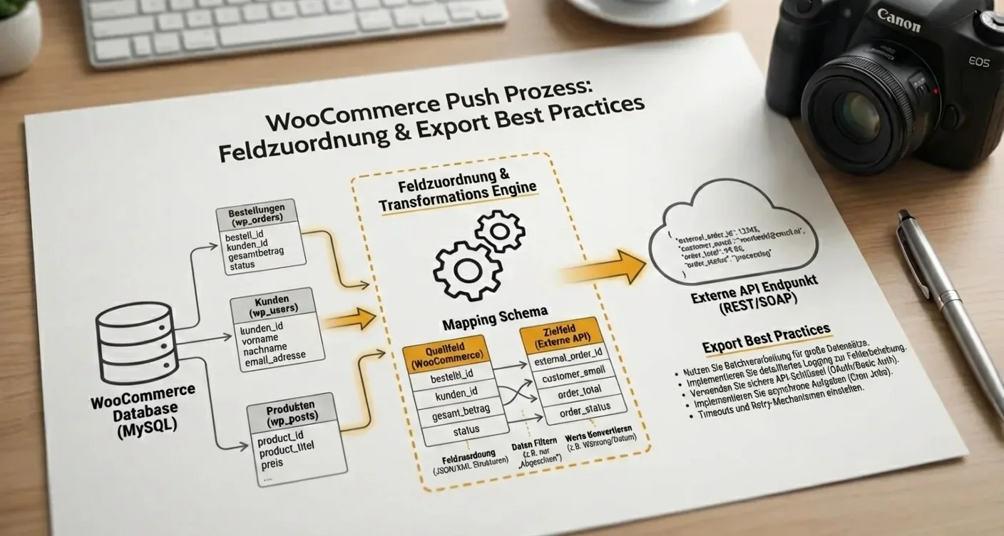 Infografik WooCommerce: Feld-Mapping & Datenexport Best Practices. Nahtlose API-Integration von Datenbankfeldern mit externen Systemen.