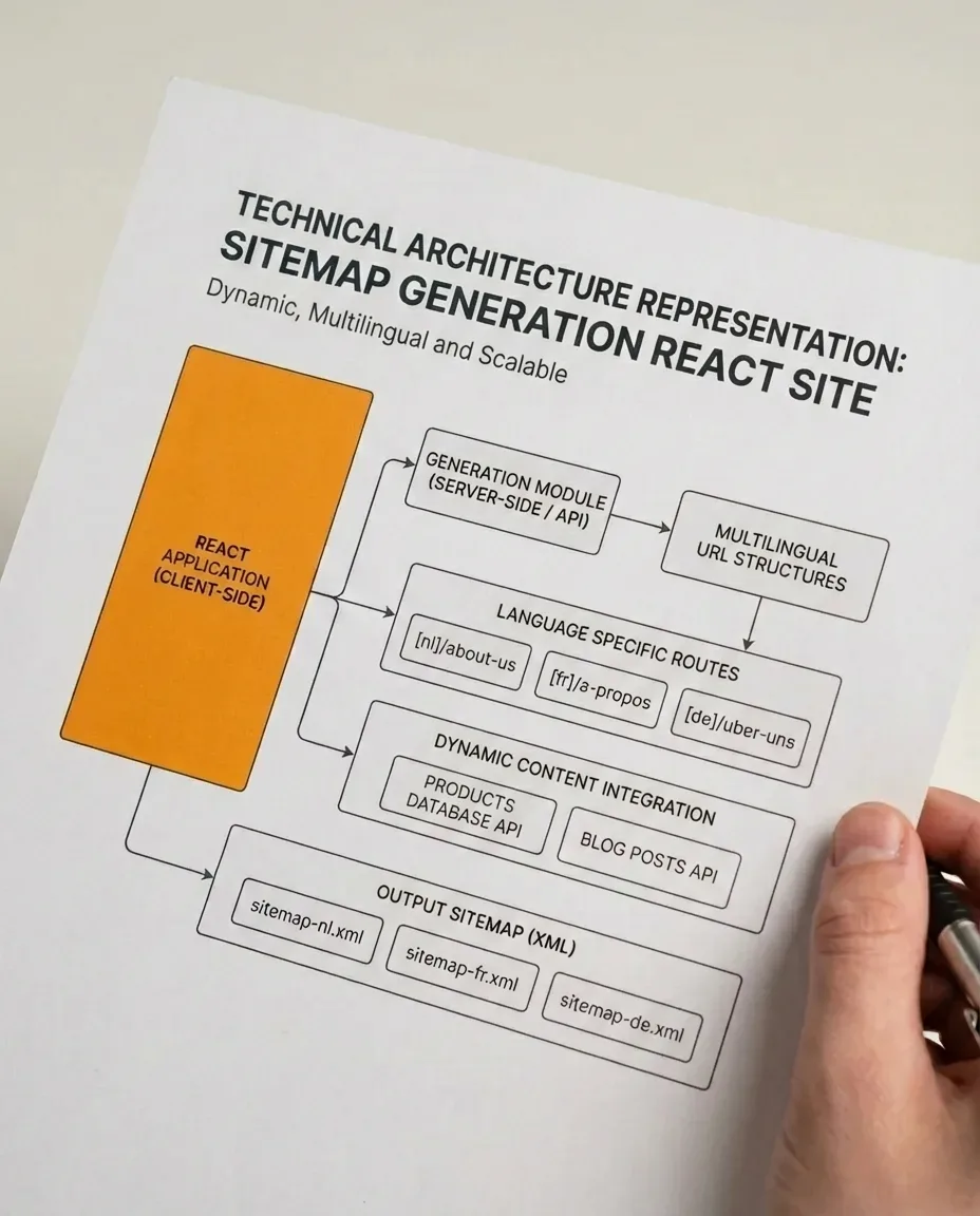 Technical architecture view of multilingual URL structures for dynamic, scalable React sitemap generation.
