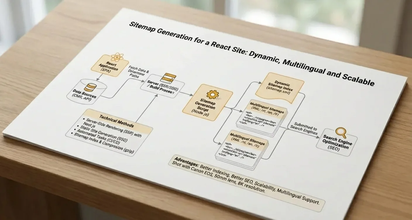 Diagram illustrating dynamic, multilingual, scalable sitemap generation techniques for React SPAs.