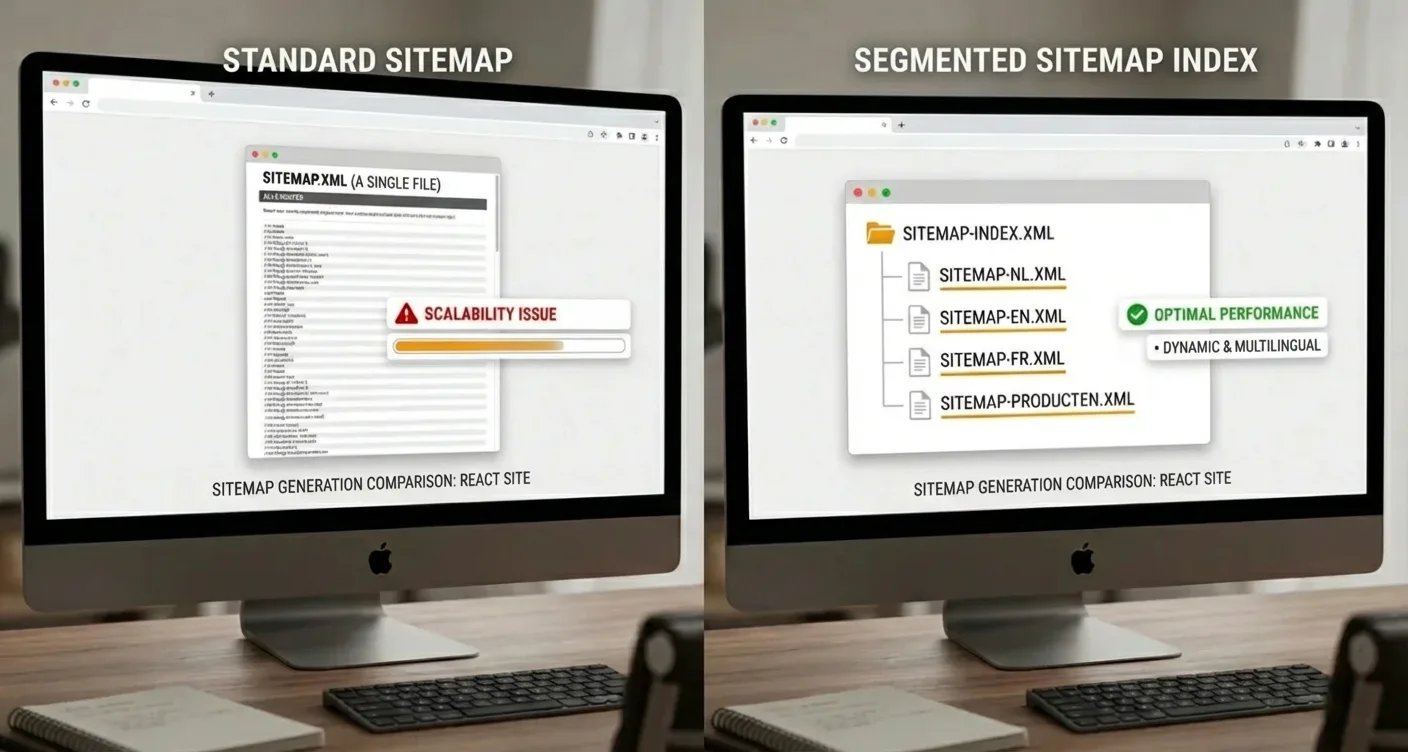 Diagram comparing standard sitemap with segmented sitemap index for scalable, dynamic, multilingual React routes.