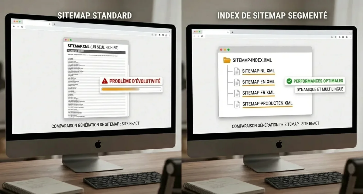 Optimisation SEO : sitemap standard vs index de sitemap segmenté pour milliers de routes React dynamiques évolutives.