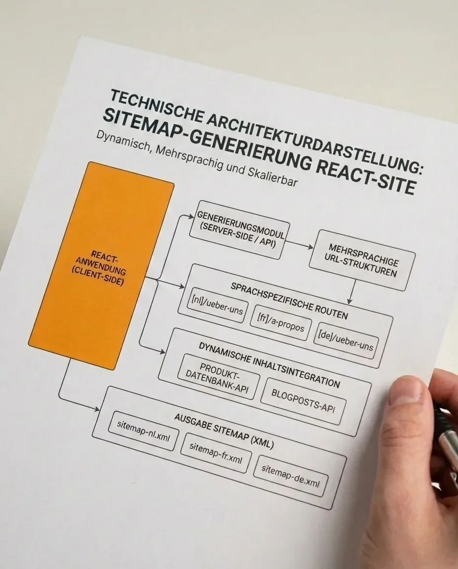 Technische Architektur für dynamische, skalierbare und mehrsprachige Sitemap-Generierung von React-Websites, optimiert für SEO-freundliche URL-Strukturen.