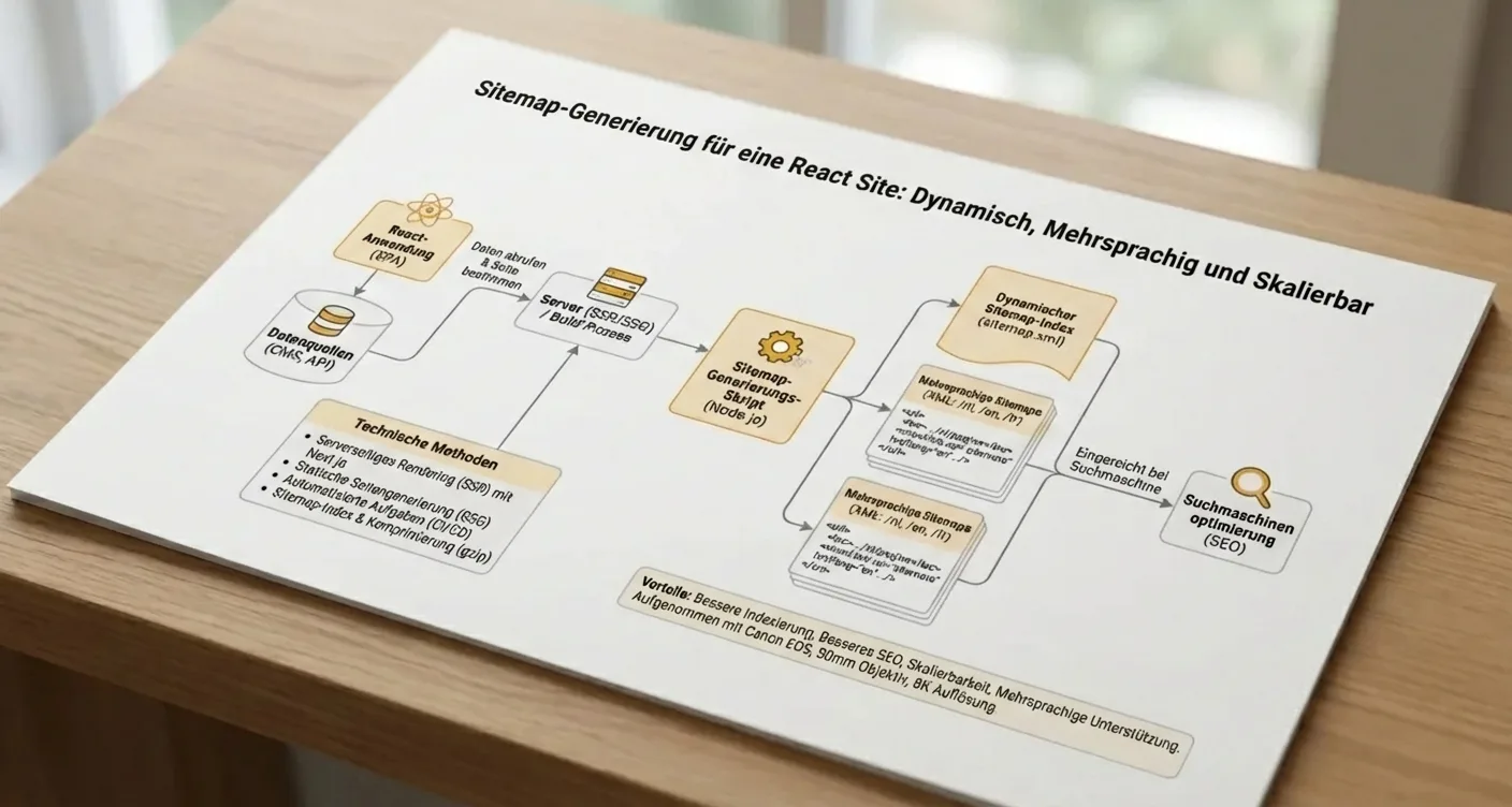 Infografik: Dynamische, mehrsprachige und skalierbare Sitemap-Erstellung für React Websites und Single Page Applications (SPAs).