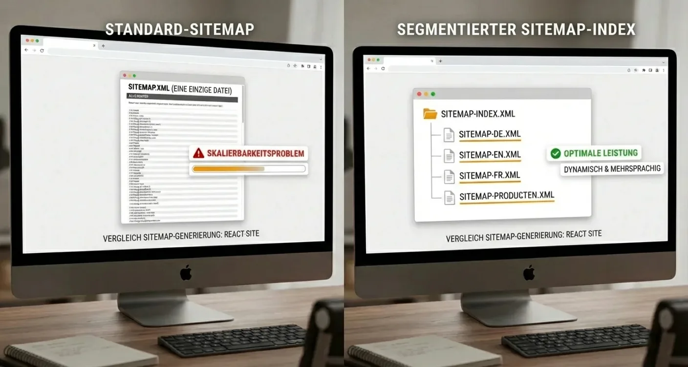 Vergleich: Standardsitemap vs. segmentierter Sitemap-Index für dynamische, skalierbare & mehrsprachige React-Websites mit vielen Routen.