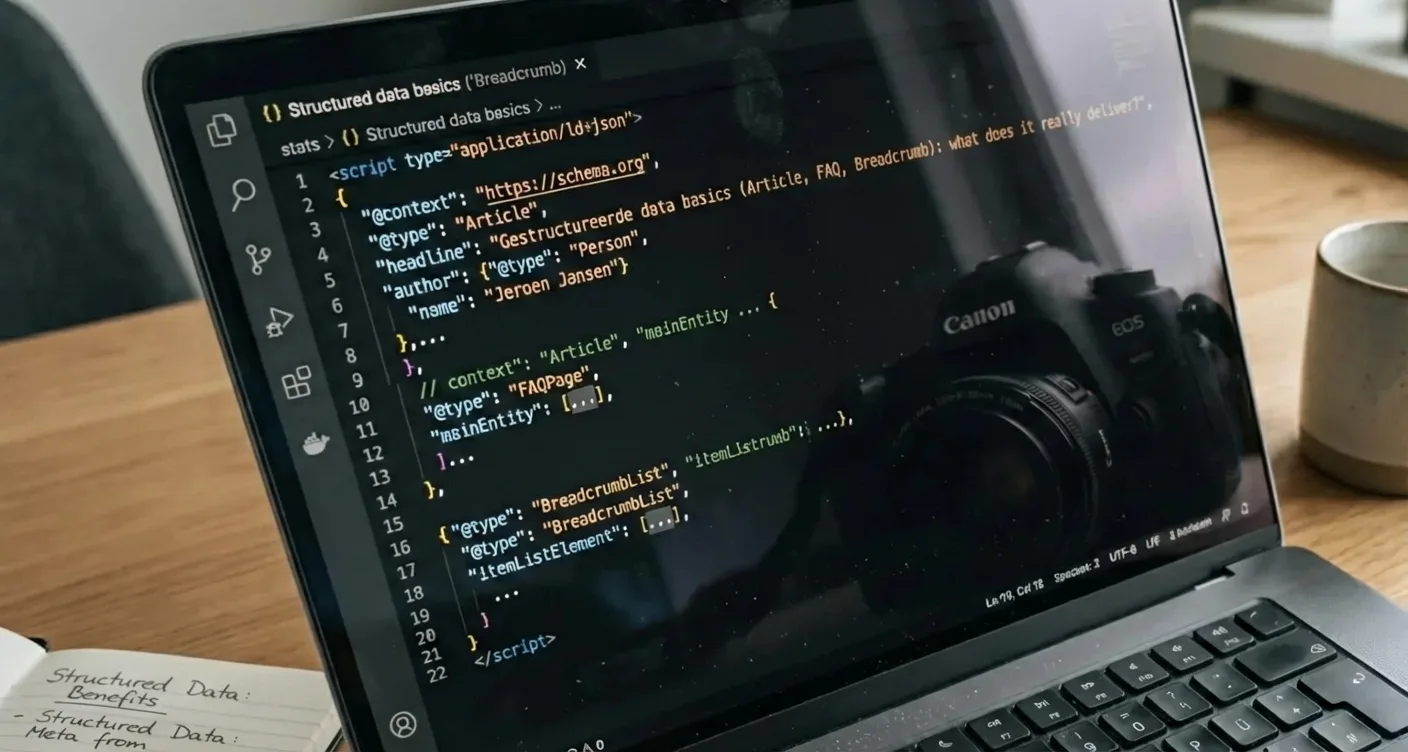 JSON-LD schema markup in code editor. SEO-optimized structured data for Article, FAQ, and Breadcrumb to boost visibility.