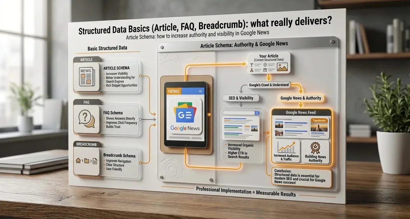Infographic: Structured Data (Article, FAQ, Breadcrumb) boosts Google News visibility, authority & professional appearance.