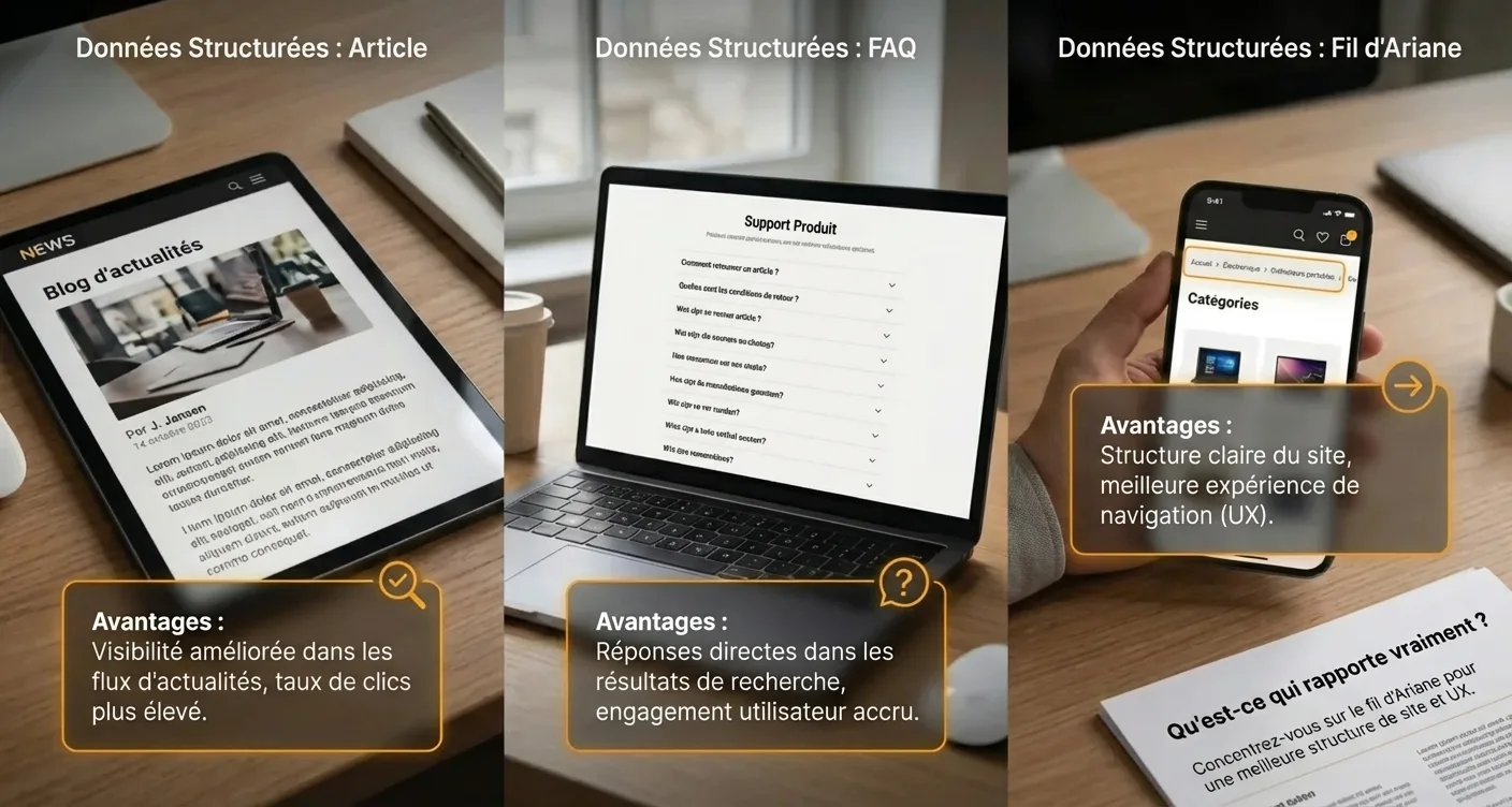 Comparaison côte à côte des principes clés des données structurées SEO: Article, FAQ, Fil d'Ariane.
