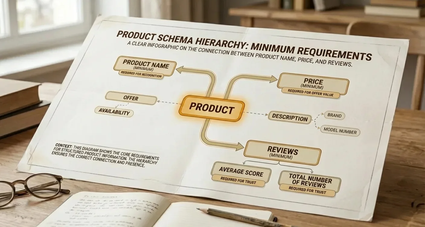Product Schema structured data hierarchy infographic for SEO. Minimum requirements for name, price, and customer reviews.
