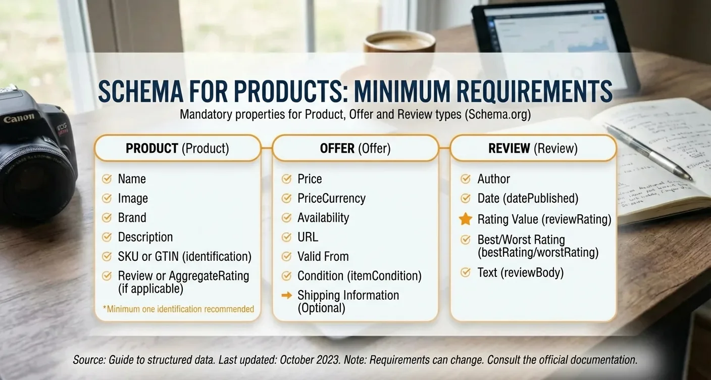 Required Product Schema properties & minimum fields for structured data, including product, offer, and review types.