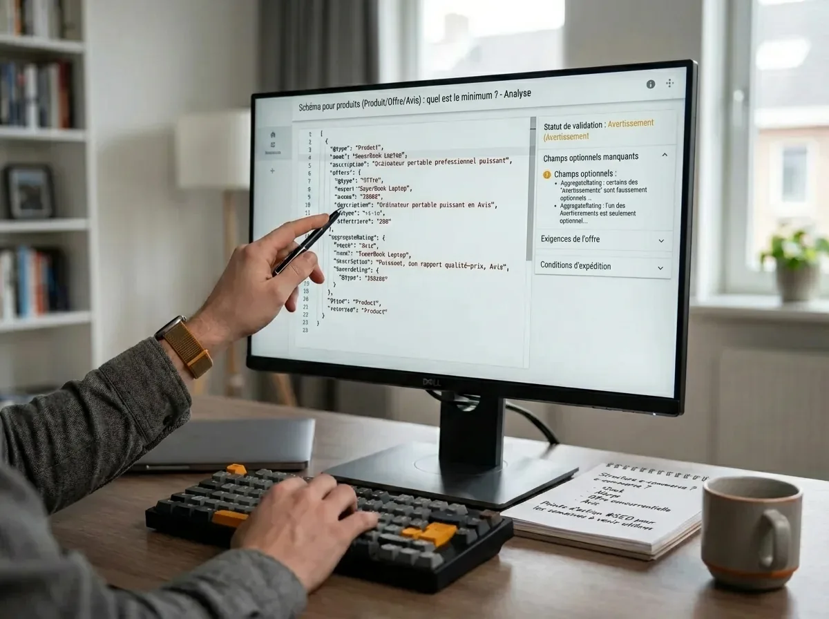 Programmeur optimisant les données structurées du schéma produit pour le SEO e-commerce.