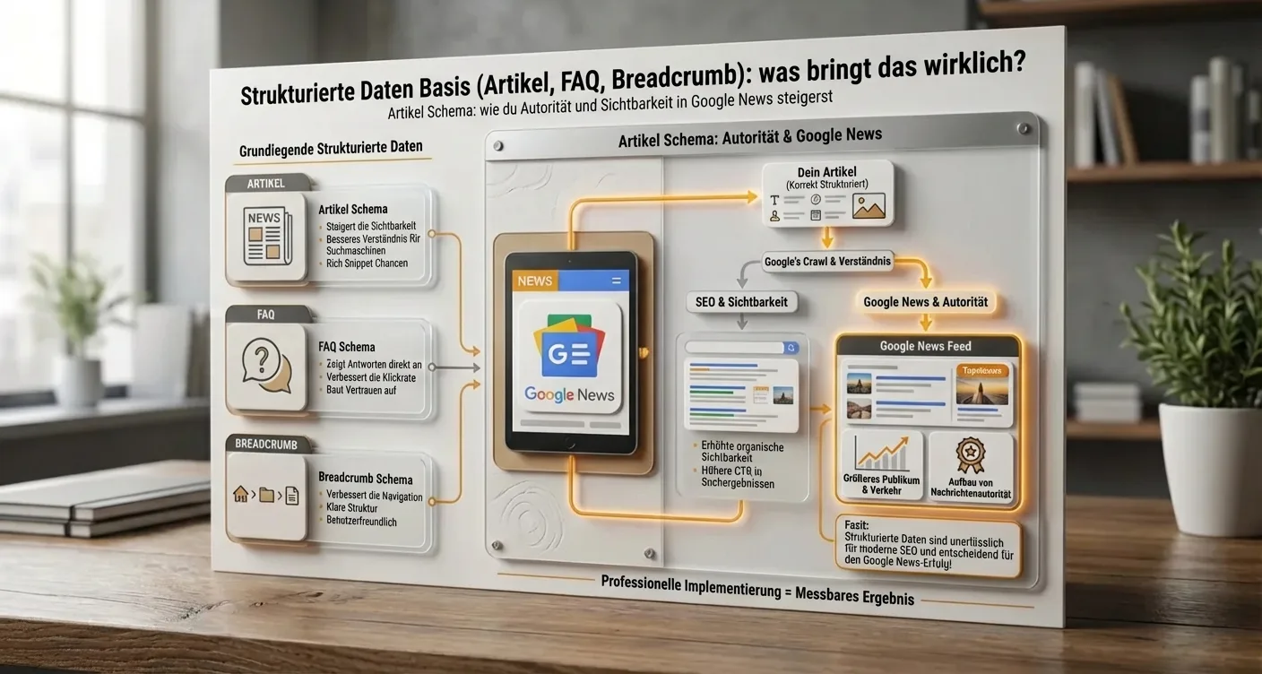 Infografik: Strukturierte Daten Grundlagen (Artikel, FAQ, Breadcrumb-Schema) für mehr Sichtbarkeit & Autorität in Google News.