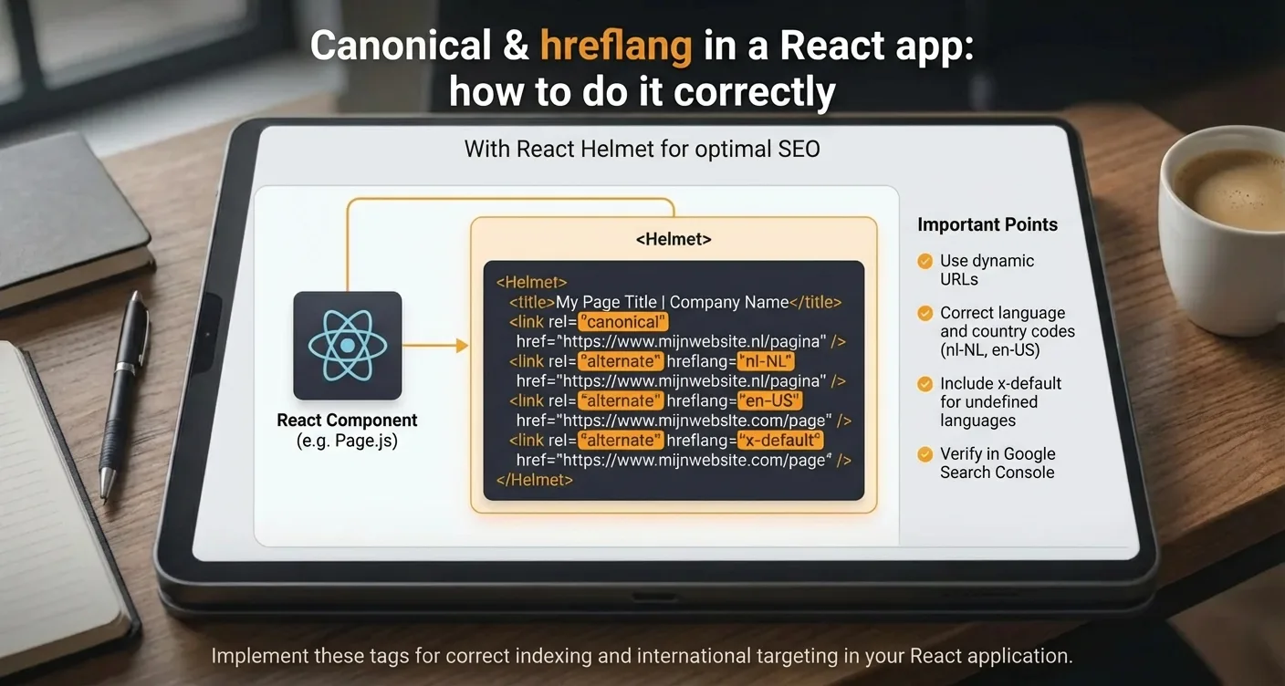 React app SEO diagram: Correct Canonical and Hreflang implementation with React Helmet.