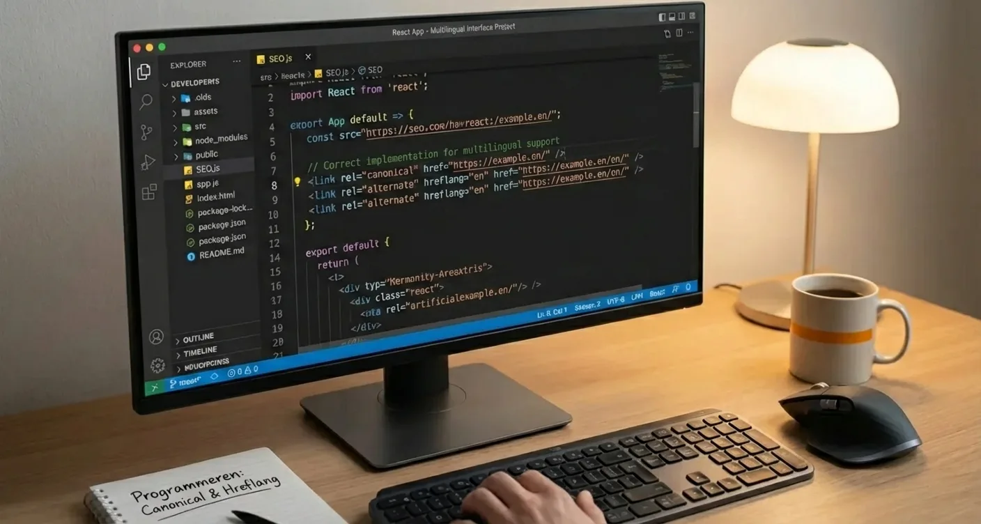 Programmer coding multilingual React app with Canonical and Hreflang SEO implementation in code editor.