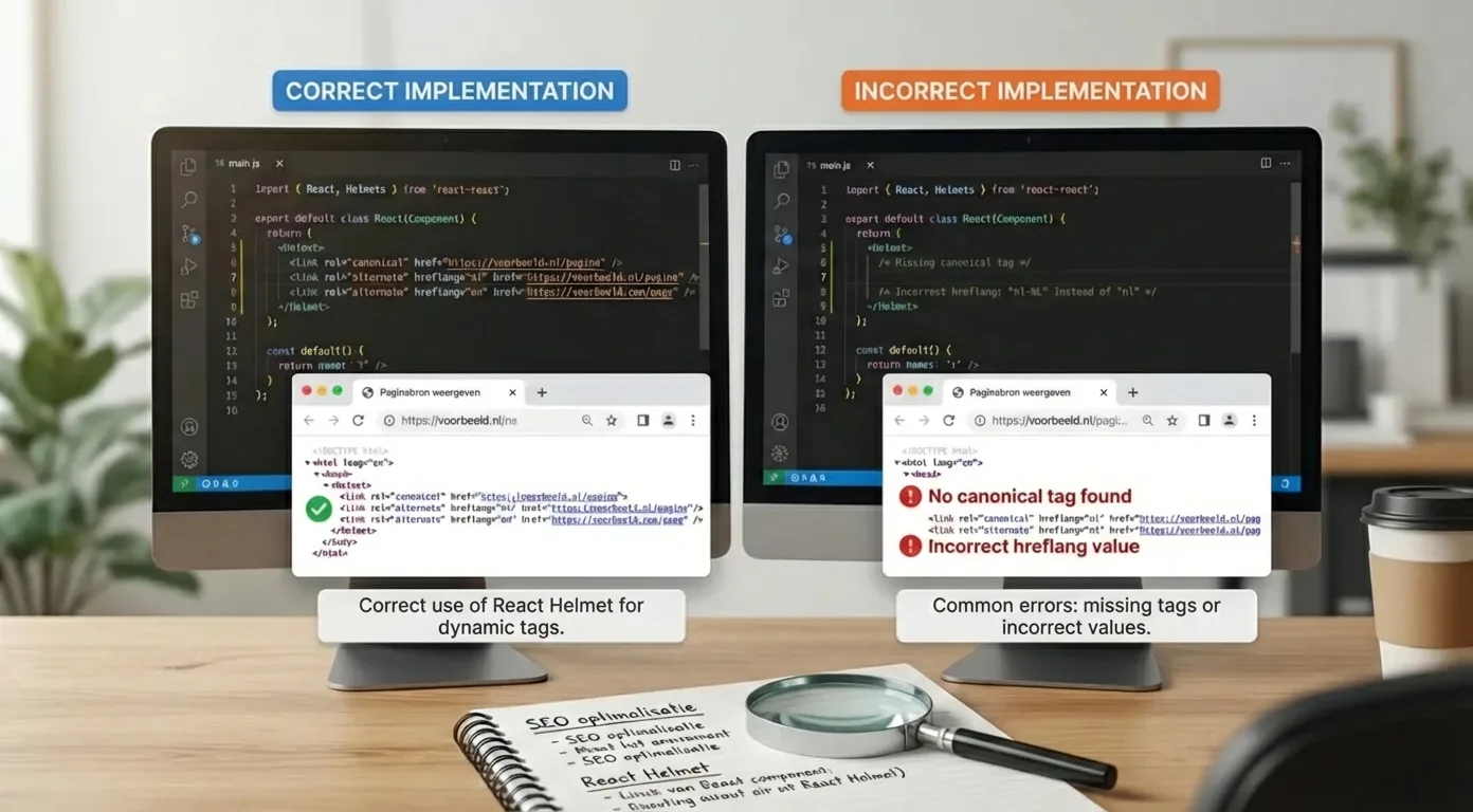 React SPA Canonical & Hreflang errors: comparing correct vs. incorrect implementation and common SEO mistakes.