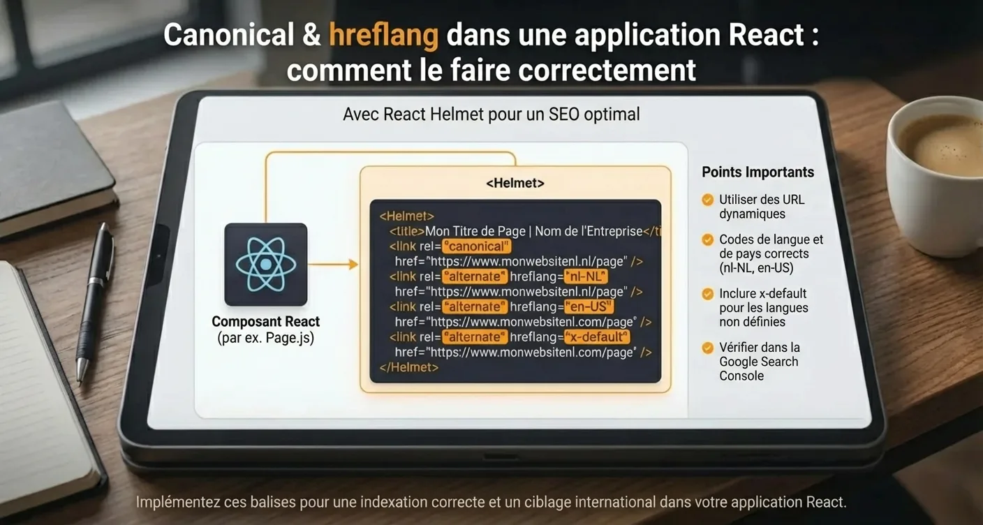 Infographie: implémentation SEO Canonical & hreflang optimale pour app React avec React Helmet.