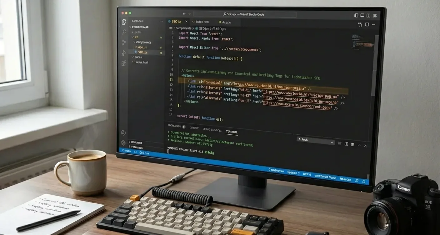 Canonical & hreflang Tags in React-App im Code-Editor. Technische SEO-Meta-Tags für optimale Suchmaschinenpositionierung anpassen.
