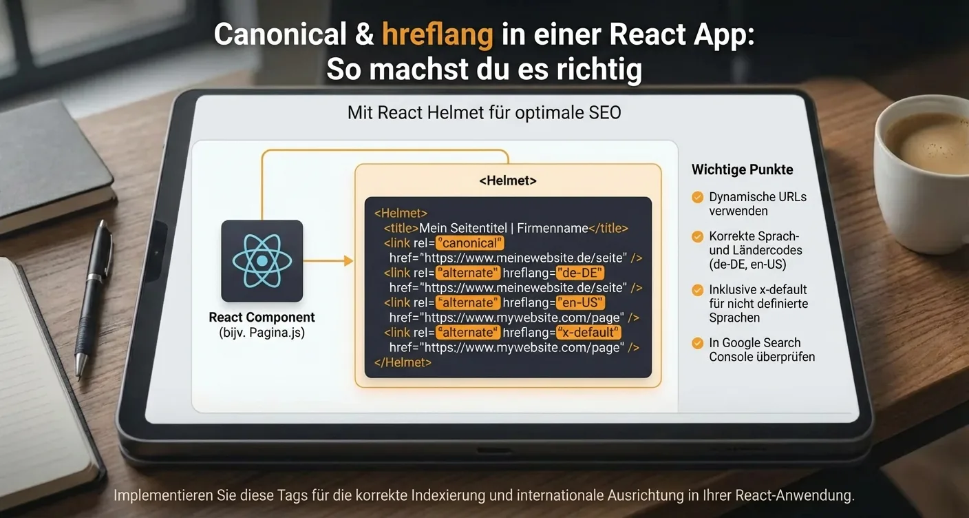 Diagramm: Canonical & hreflang SEO-Implementierung in React-Apps mit React Helmet – Best Practices.