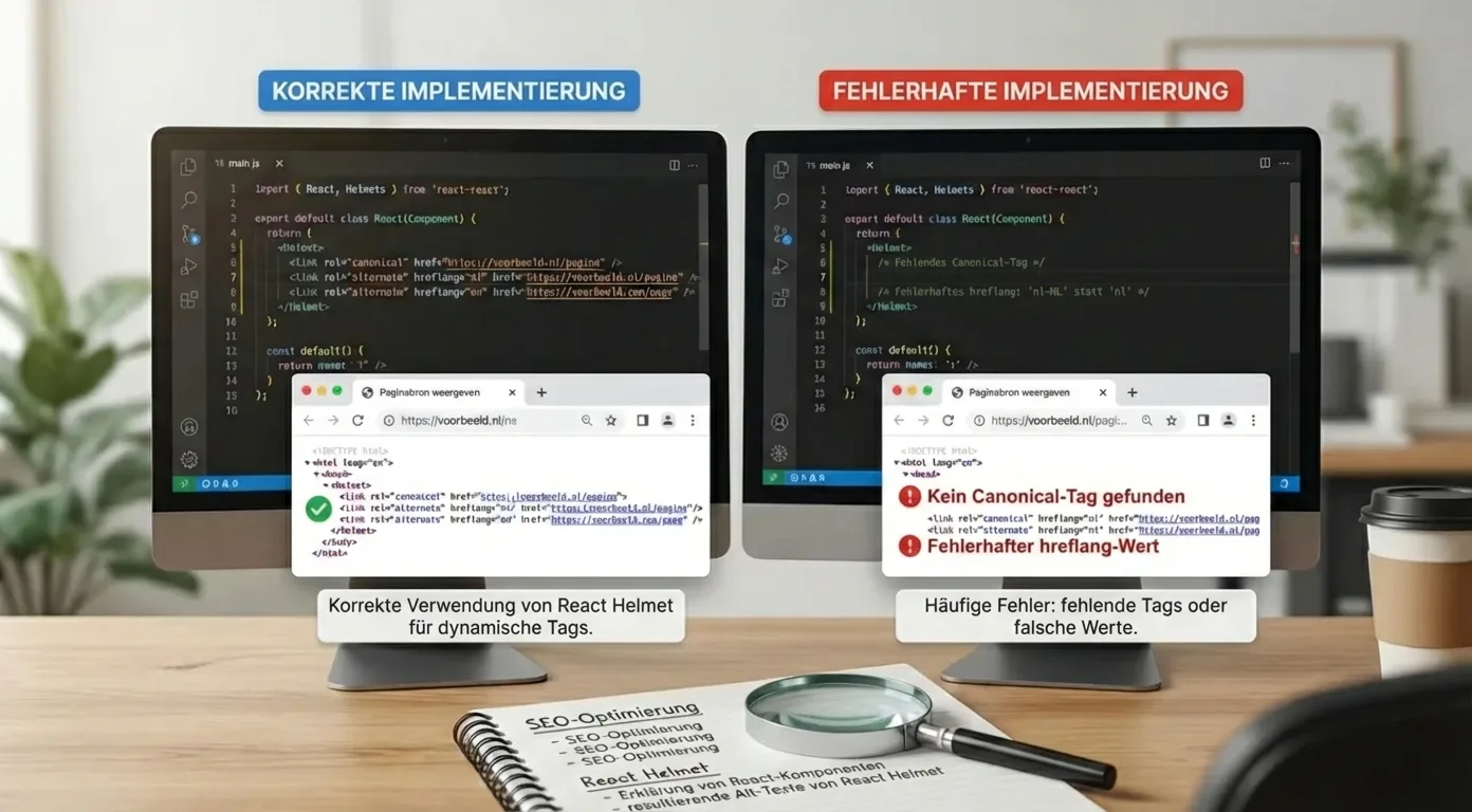 Canonical Tag Implementierung in React SPAs: Korrekt vs. fehlerhaft. Häufige SEO-Fehler vermeiden.