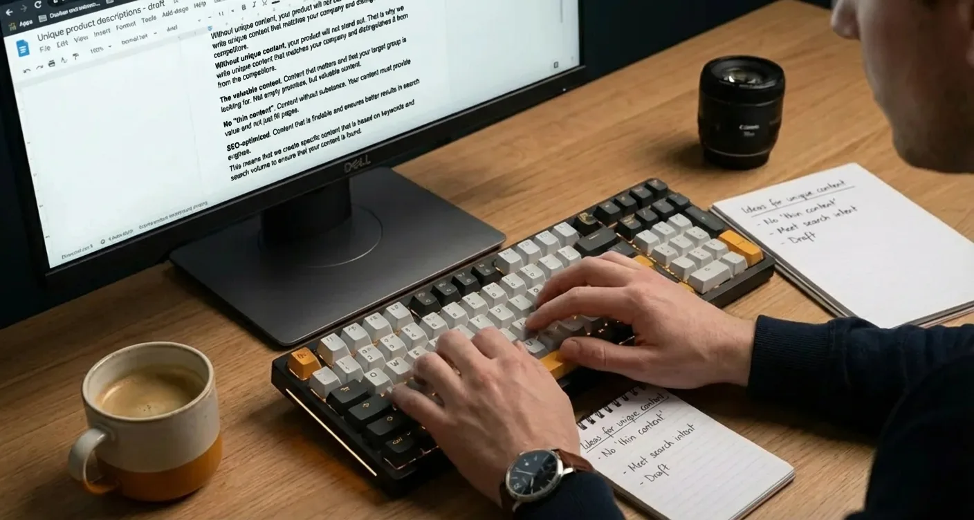 SEO copywriter writing unique product descriptions. High-quality content for improved search rankings.