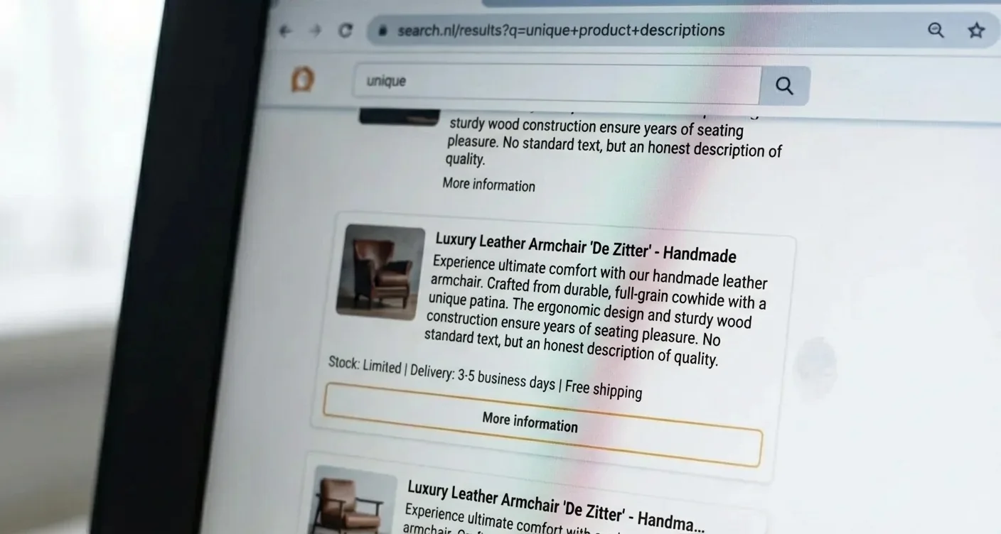 SERP showing high-quality unique product descriptions as rich snippets, highlighting SEO for improved organic search visibility.