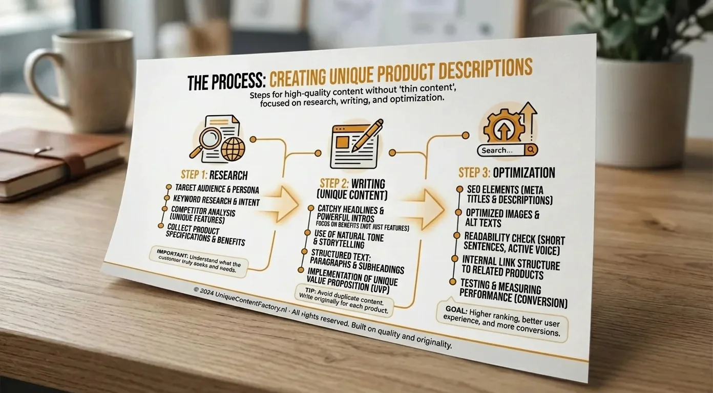 Infographic guide to creating unique, SEO product descriptions. Learn research, writing & optimization steps to avoid thin content.