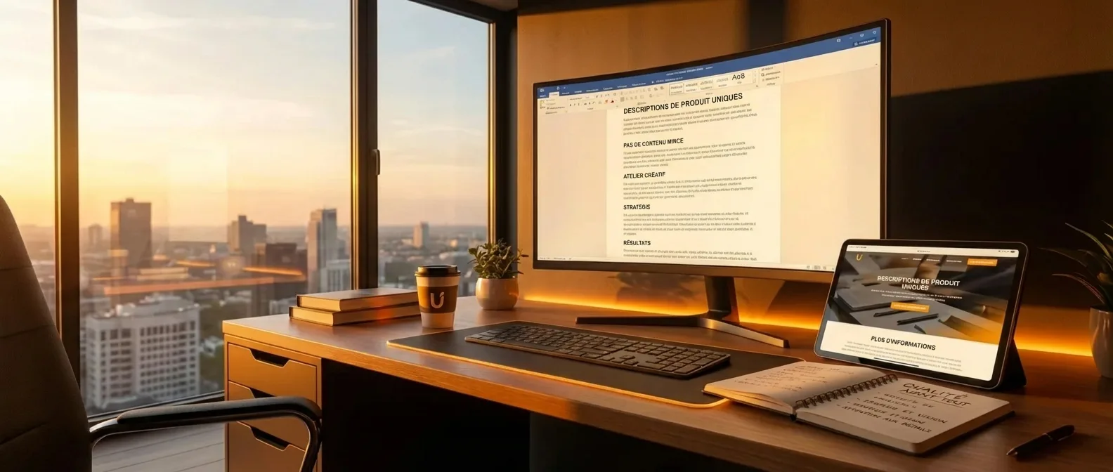 Rédaction de descriptions produits uniques et optimisation SEO e-commerce.