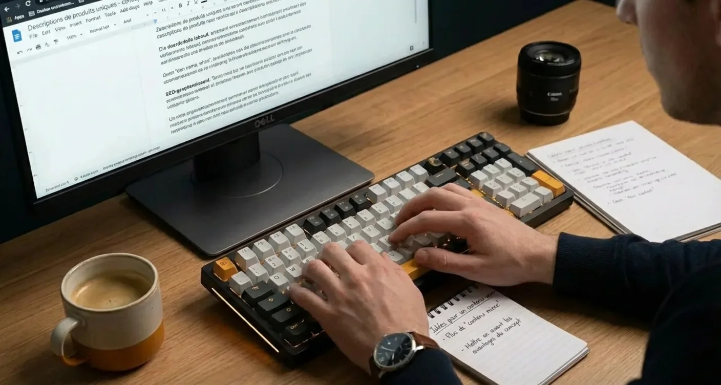 Rédacteur SEO créant des descriptions de produits uniques et optimisées pour le référencement.