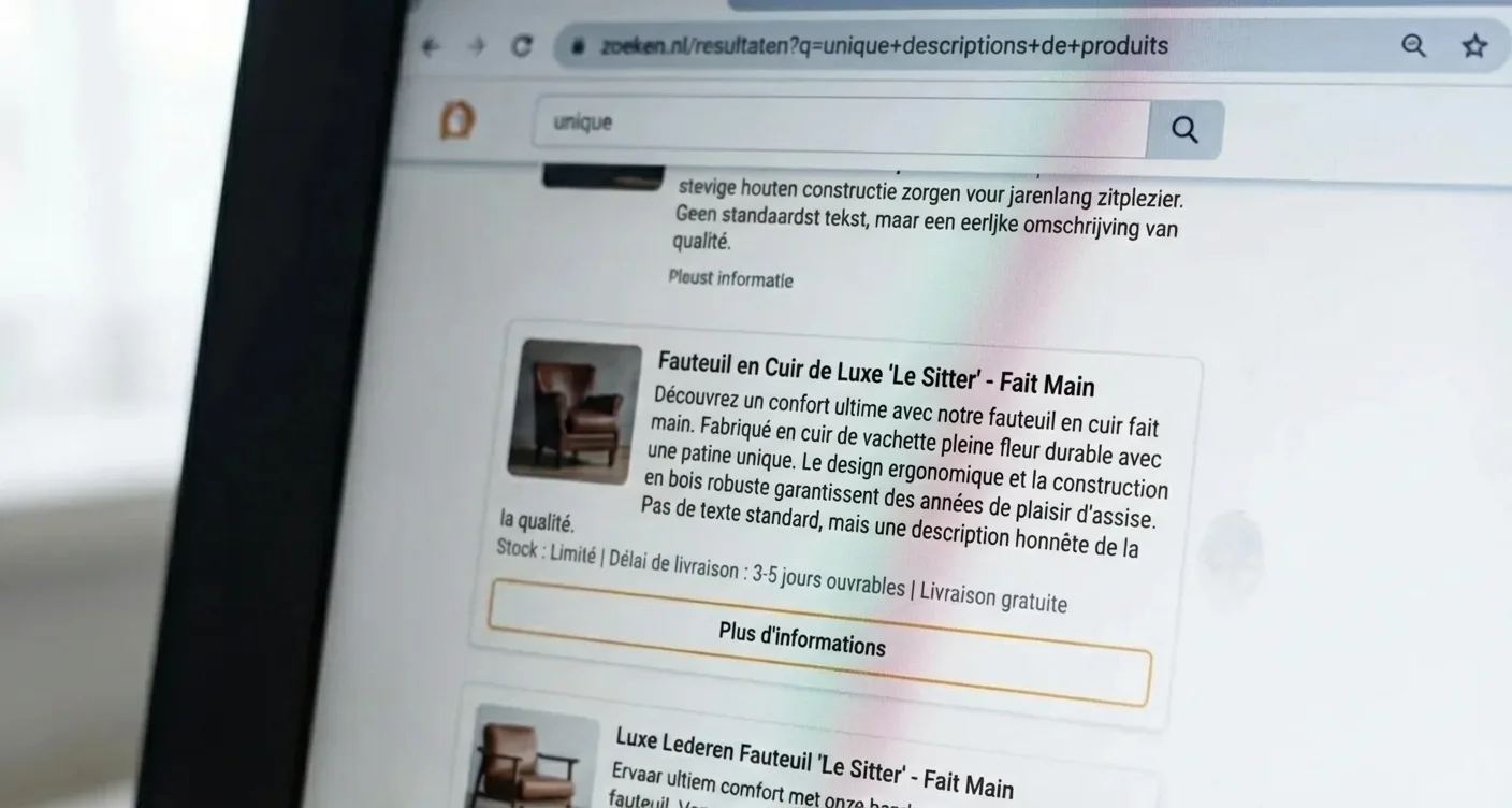 Snippets Google avec descriptions produit uniques et optimisées pour le SEO.