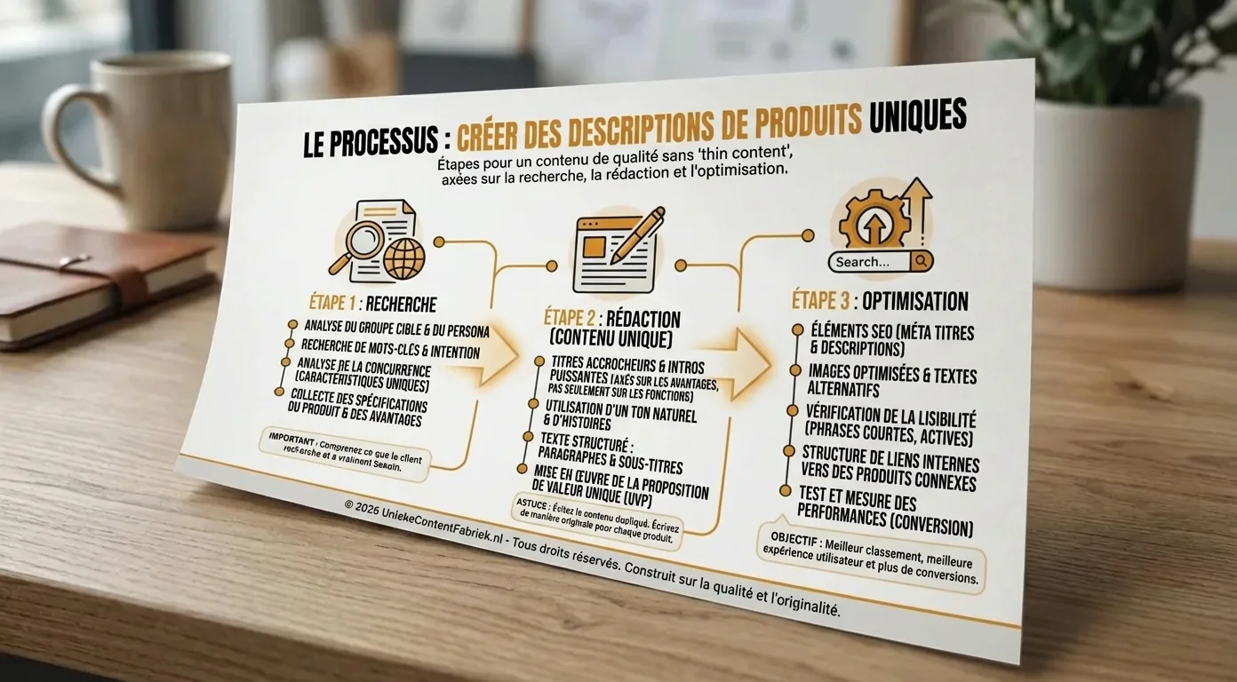 Infographie SEO: étapes clés pour rédiger des descriptions produits uniques et optimisées.