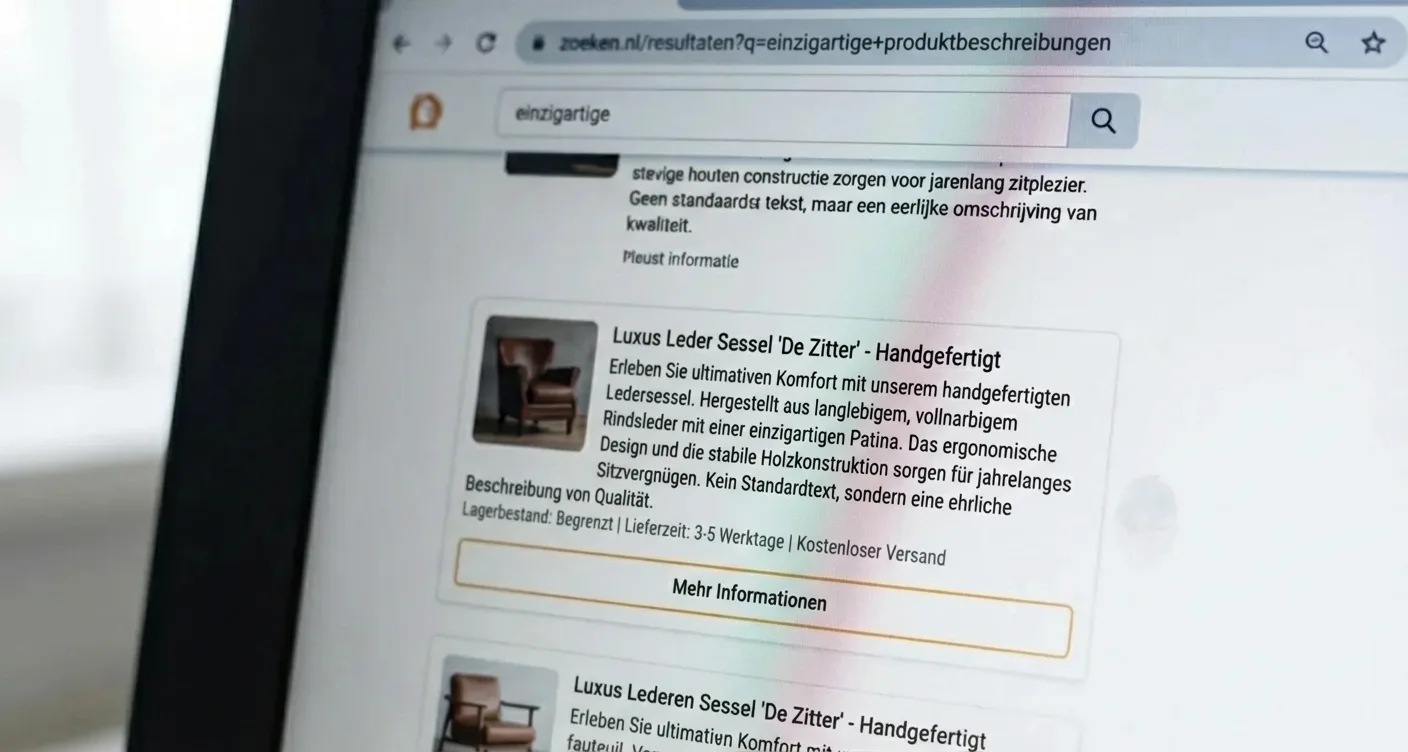 Detailansicht einer SEO-Suchergebnisseite mit optimierten, einzigartigen Produktbeschreibungen und hochwertigen Snippets.