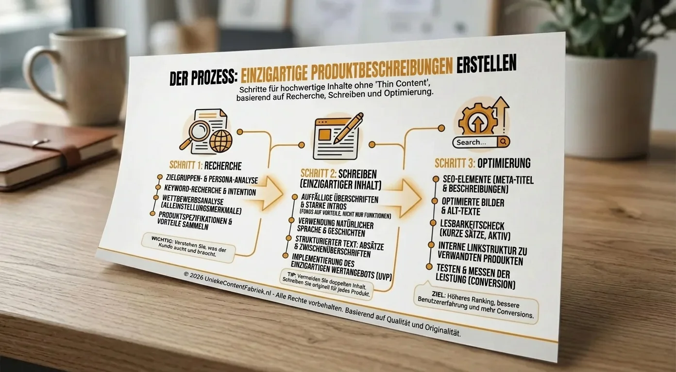 Infografik: Schritte für einzigartige, SEO-optimierte Produktbeschreibungen ohne Thin Content. Fokus: Recherche, Texten, Optimierung.