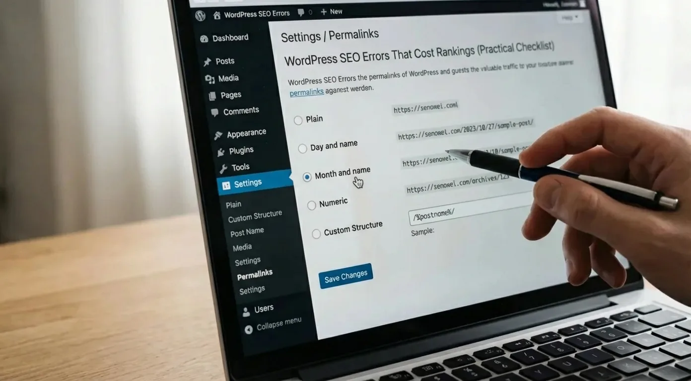 WordPress dashboard showing permalink structure settings and common SEO mistakes for better SEO.