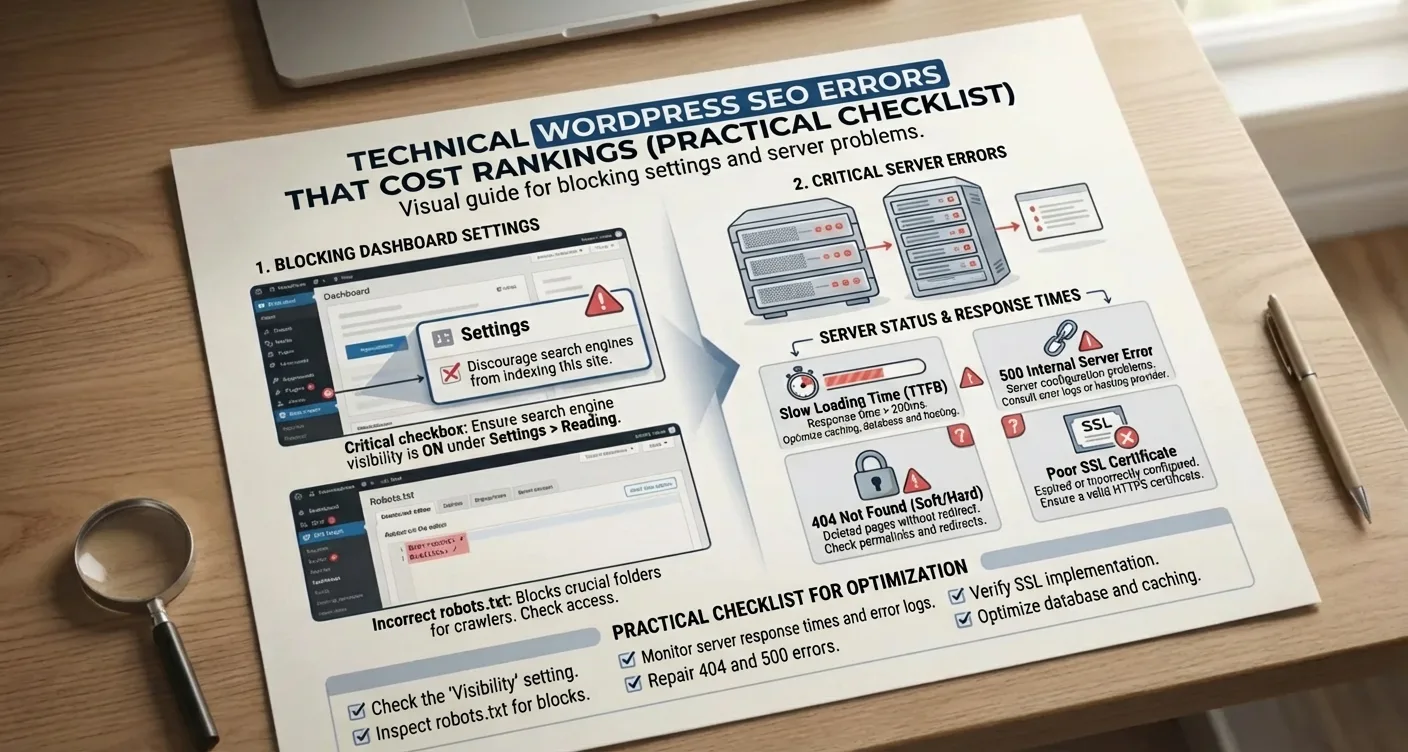 Guide to technical WordPress SEO mistakes, dashboard blocking settings, and server errors.